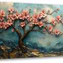 Tree of Life Pink Flowers and Golden Trees Pictures Canvas Wall Art for Living room Office Bedroom Teal Mountain Abstract Wall Decor Art Print Paintings Modern Plum Blossom Artwork -20x40inch