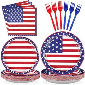 Grencian 4th of July Party Decorations - 96Pcs Patriotic Vibrant American Flag Supplies Memorial Day Plates and Napkins Independence Day US Flag Disposable Tableware for Patriotic Party Serve 24