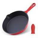 Enameled Cast Iron Skillet with Pour Spouts for Searing Baking Grilling and Roasting,8inch Frying Pan Cookware with Silicone Handle Cover,Durable Oven Safe Pan,Stove Campfire Use(Red)