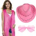 Cowgirl Outfits for Women 60s 70s Hippie Sleeveless Fringe Vest with Cowboy Hat and Sunglasses Halloween Costumes (Pink), Size XL