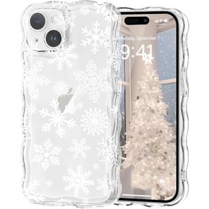 Christmas Phone Case for iPhone 15 Cute Curly Wavy Merry Christmas Pattern Case Clear Aesthetic Santa Snowman Elk Cover for Girls Kids Women Slim TPU Protective Cover for iPhone 15,Snowflake