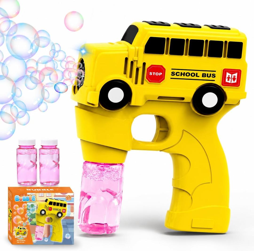 Kids School Bus Bubble Gun, Automatic Light Up Bubble Blower Machine for Toddlers, 2 Bubble Solutions Included, Outdoor Toys for Boys Girls 3-8, Easter Christmas Birthday Party Gifts