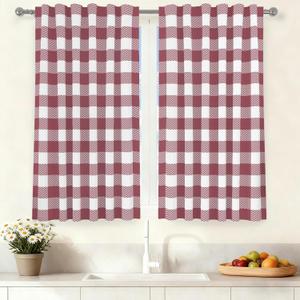 Renaiss 26 x 36 Inch Buffalo Check Tier Curtains for Kitchen Thick Linen Buffalo Plaid Gingham Rod Pocket Cafe Bathroom Window Curtains Dining Room Short Window Treatment Burgundy Red White 2 Panels