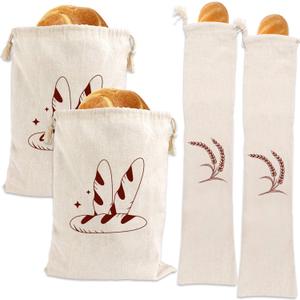 Augshy 4 Packs Linen Bread Bags for Homemade Bread, Unbleached, Reusable Bread Storage Bakery & Baguette