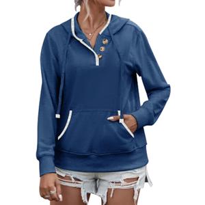 Women's Hoodies Casual Long Sleeve Hooded Sweatshirt Button Collar Drawstring Sweatshirt Pullover (Blue, L)
