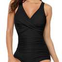 Women's One Piece Swimsuits Ruched Slimming Bathing Suits for Women V Neck Criss Cross Ruched Push Up Slimming Swimwear Black (Black, L)