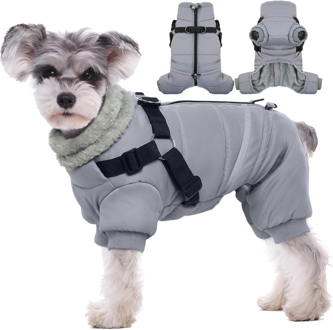 BRKURLEG Grey Dog Winter Coat for Small Dog, Winter Dog Jackets with Harness, Onesie Body Warm Dog Christmas Coats, Pet Reflective Windproof Warm Cold Weather Jacket, Dog Four-Legged Puffer Coat S