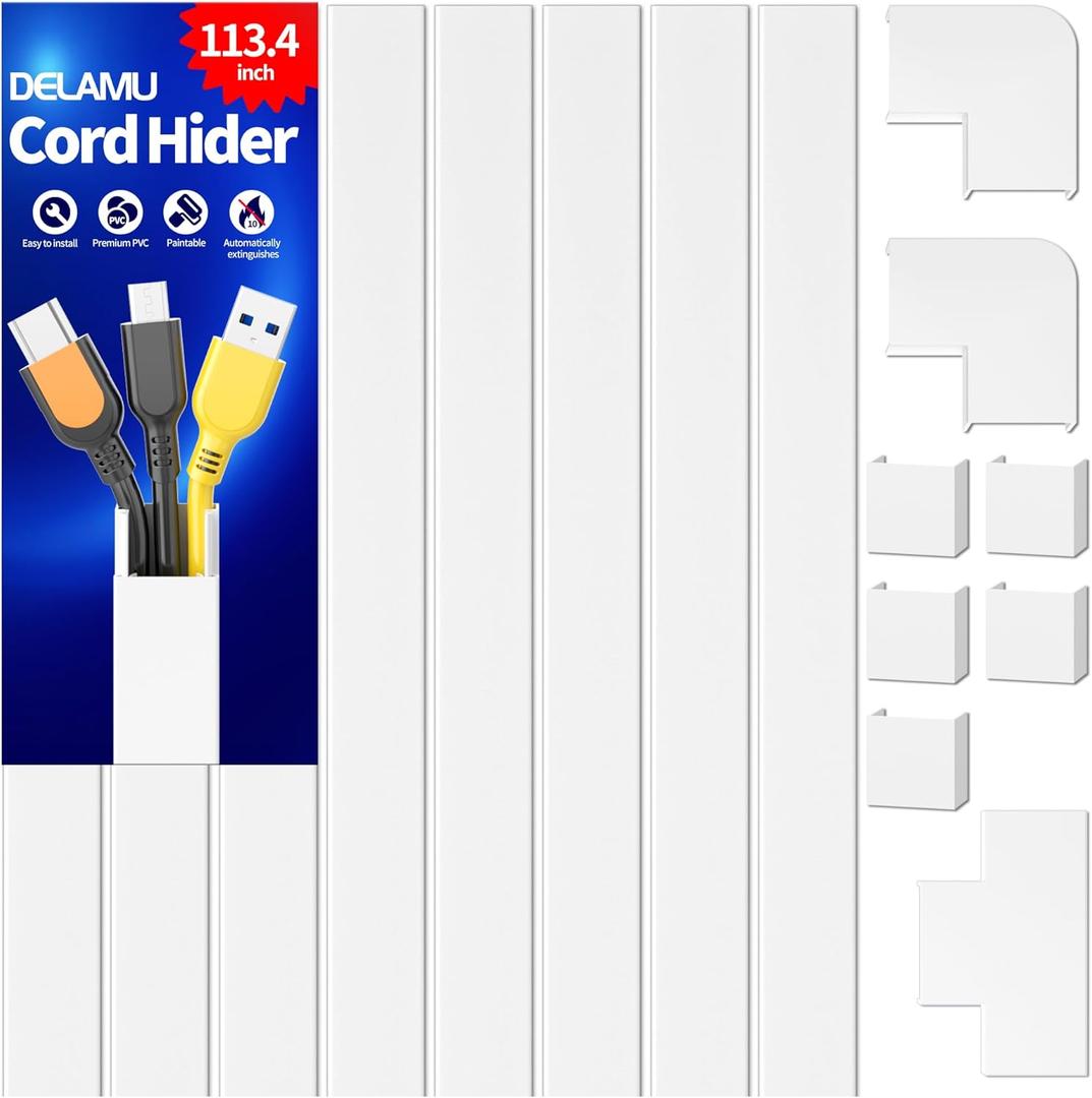 Delamu Cord Covers for Wires on Wall, 113.4in TV Cord Hider, Self-adhesive Cable Hider Cable Cover Raceway, Paintable Wire Hider Wire Covers for Cords, Hide Cords Wall Mounted Tv, W0.95H0.55in, White