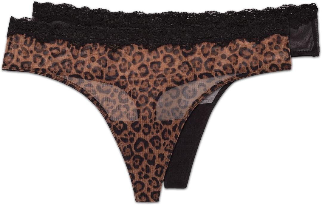 Smart & Sexy Women's Mesh & Lace Thong Panties (Classic Leopard/Black Hue)
