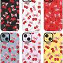 for iPhone 13 / iPhone 14 Case [Military-Grade Drop Protection/Cute Soft Slim TPU Protective/Camera Protection/Women & Girls] - Pink Bow with Red Cherry Scatter Pattern