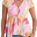 Simplee Womens Summer Babydoll Tops Floral Dressy Short Sleeve Peplum Top Casual Flowy V Neck Beach Shirts 2026 (Medium, Orange Pink Floral)