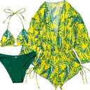 2 Piece Swimsuits for Women Sexy Leaf Print Bikini Set with Tummy Control Mesh Cover Up Tropical Swimsuits XL