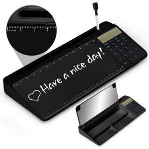 Desktop Glass Whiteboard with Mirror & Calculator(12 Digit LCD Display) & Ruler Marker, Tilted Computer Keyboard Stand with Dry Erase Board Surface, Desk Organizers with Accessories, Black