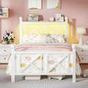 DynJest Twin White Bed Frame with Headboard and Footboard, Storage Shelf with LED Lights and Charging Station, Strong Metal Slats Support, No Box Spring Needed, Under Bed Storage, Easy Assembly