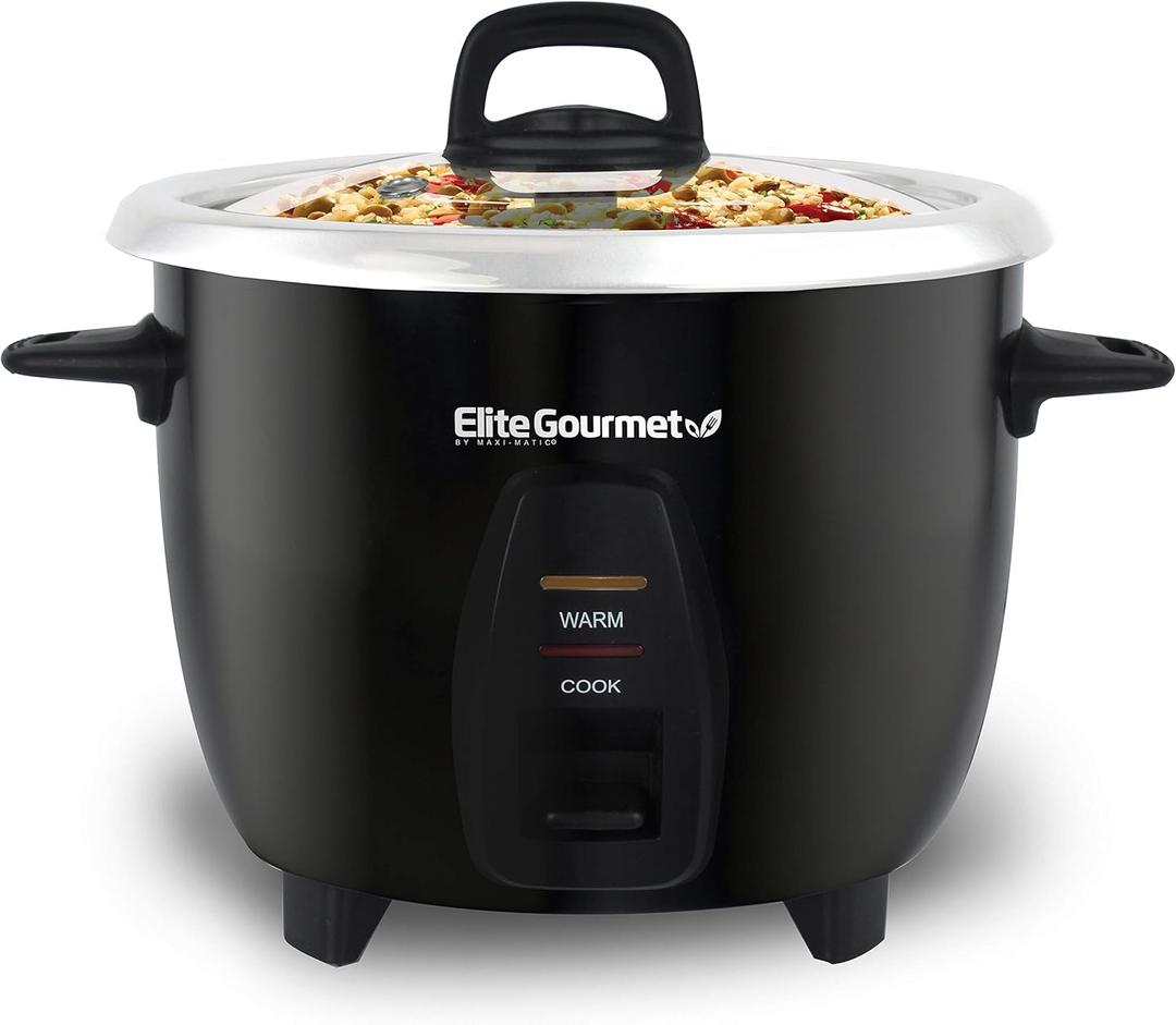 Elite Gourmet ERC2010B Electric Rice Cooker with Stainless Steel Inner Pot Makes Soups, Stews, Porridge's, Grains and Cereals, 10 cups cooked (5 Cups uncooked), Black (10 Cups Cooked, Stainless Steel)