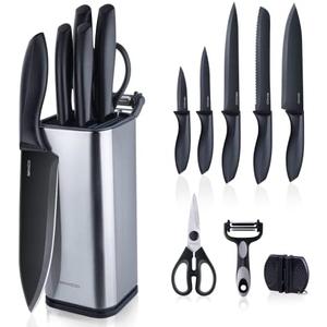 RAXCO Knife Set with Block,10-Piece Kitchen Knives Stainless Steel,Pro-sharpened for Cooking,Slicing,Mincing,Dicing,Black