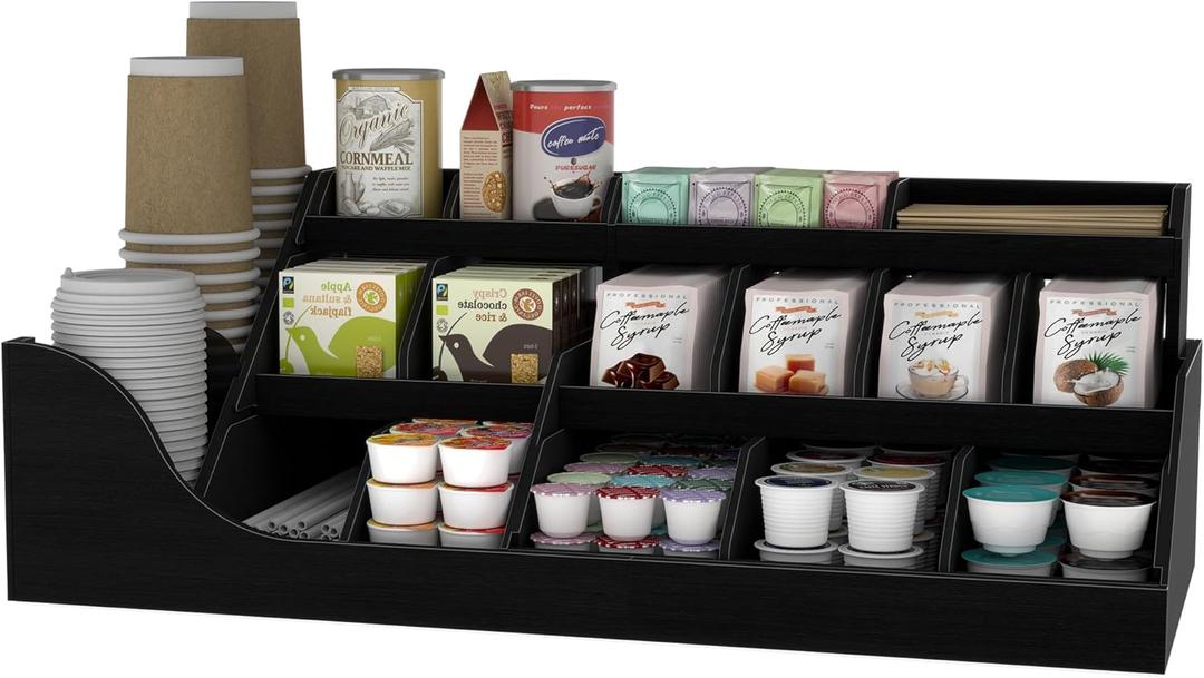 Suli Exact Large Coffee Station Organizer,Wooden Countertop Pods Holder with Drawer,Storage for Condiment Syrup Tea Cups,Rustic Bar Decor for Accessories Organizer (3 Tiers 18 Compartments)Black