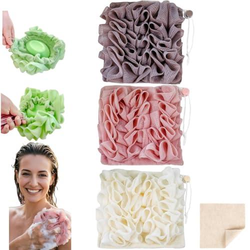 Washcloth Loofah Combo 2-in-1 Loufee Wash Cloth that Holds Bar Soap-Exfoliation Mesh Shower Ball for Body Wash&Smooth Skin+Free Loofah Dish Towel