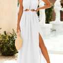 BTFBM Women Halter Summer Dresses 2026 Sleeveless Cutout Backless Sundress Slit Boho Maxi Beach Wedding Guest Dress (L)