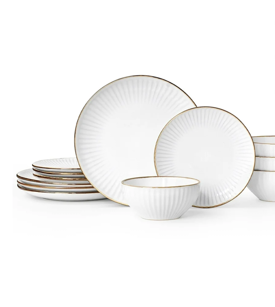 Famiware Eden Plates and Bowls Sets, Stoneware Dinnerware Sets with Gold Trim, 24 Pieces Dishes Set for 8 - Chip and Scratch Resistant, Microwave and Dishwasher Safe, White Stripe
