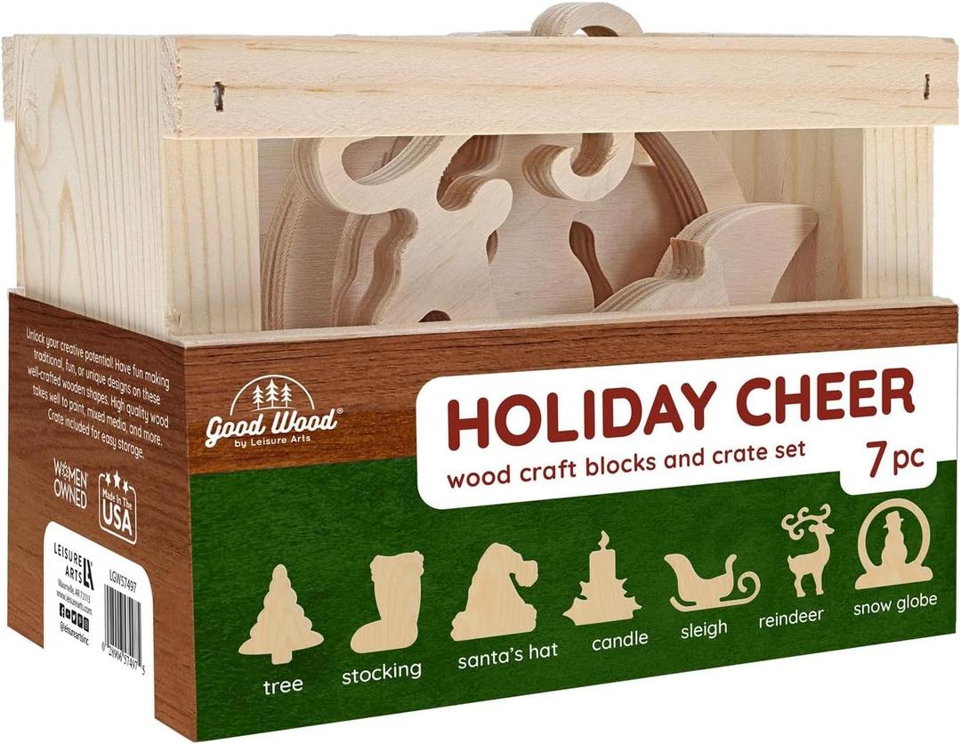 Good Wood By Leisure Arts: Holiday Cheer 7Pc Crate Set - 7 Piece Wood Cutouts - Small Wooden Shapes for Crafts Wooden Craft Shapes to Paint