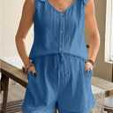 OYOANGLE Women's Maternity 2 Piece Outfits Textured Tie Shoulder Button Tank Top Shorts Summer Lounge Set (Blue) L
