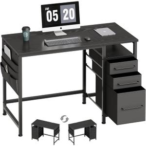 Maihail Small Desk with Drawers, 40 inch Computer Desk with Shelves, Writing Desk with Storage, Small Office Desk with Metal Frame, Black
