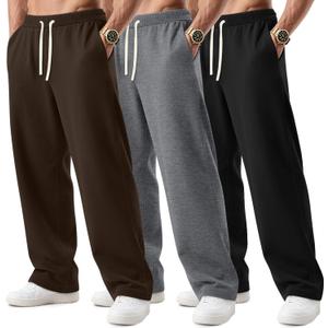 3 Pack Big and Tall Men's Sweatpants Open Bottom Athletic Pants Drawstring Elastic Waist with Pockets (Brown, Mix Gray, Black)