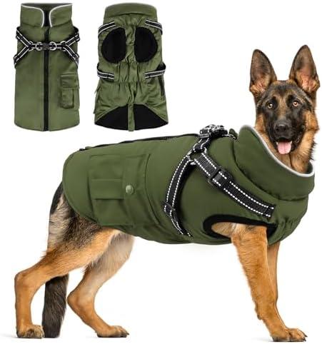 Dog Winter Coat with Harness Built-in | Waterproof Dog Jacket with Zipper & Fleece Lining | Reflective Cold Weather Coat for Small Medium Large Dogs