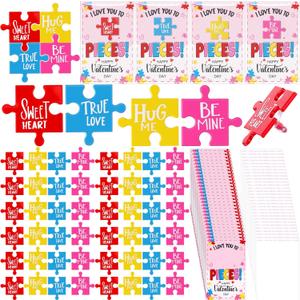 Quelay 50 Set Valentine's Day Puzzle Pin Conversation Heart Puzzle Piece Lapel Pins Hug Me Love Sayings Brooches with Thank You Cards & Gift Bags for Classroom Exchange Party Wedding Favors