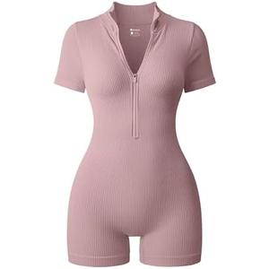 OQQ Women Rompers Ribbed Short Sleeve Zip Front Stretch Tummy Control Yoga Workout Rompers, XL