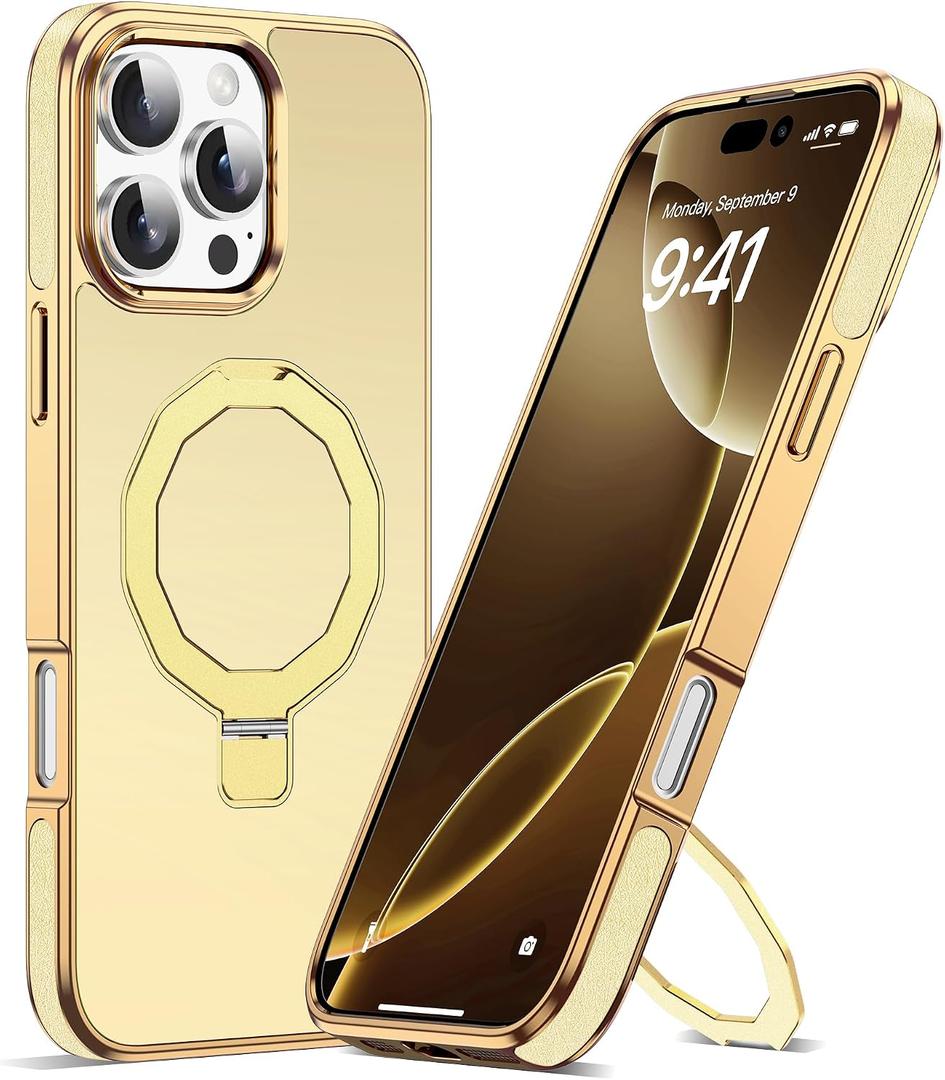 Compatible with iPhone 16 Pro Max Case with Invisible Magnetic Stand, Compatible with Mag-Safe Luxury Phone Case for iPhone 16 Pro Max [Plating Gold Edge & Leather Inlay], Gold