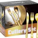 Zcaukya 200 Pieces Gold Plastic Silverware Set, Disposable Cutlery Set Including 100 Forks, 50 Knives and 50 Spoons, Eating Implements Flatware in Bulk for Dinner, Weddings and Birthday Parties