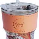 13oz Salmon Pink Glass Tumbler with Glass Straw and Plastic Lid, Vegan Leather Sleeve, Iced Coffee Cup, Double Walled, Car Friendly Tumblers, Hot Coffee, Cold Drinks, Sleeved Mug (1 Count)