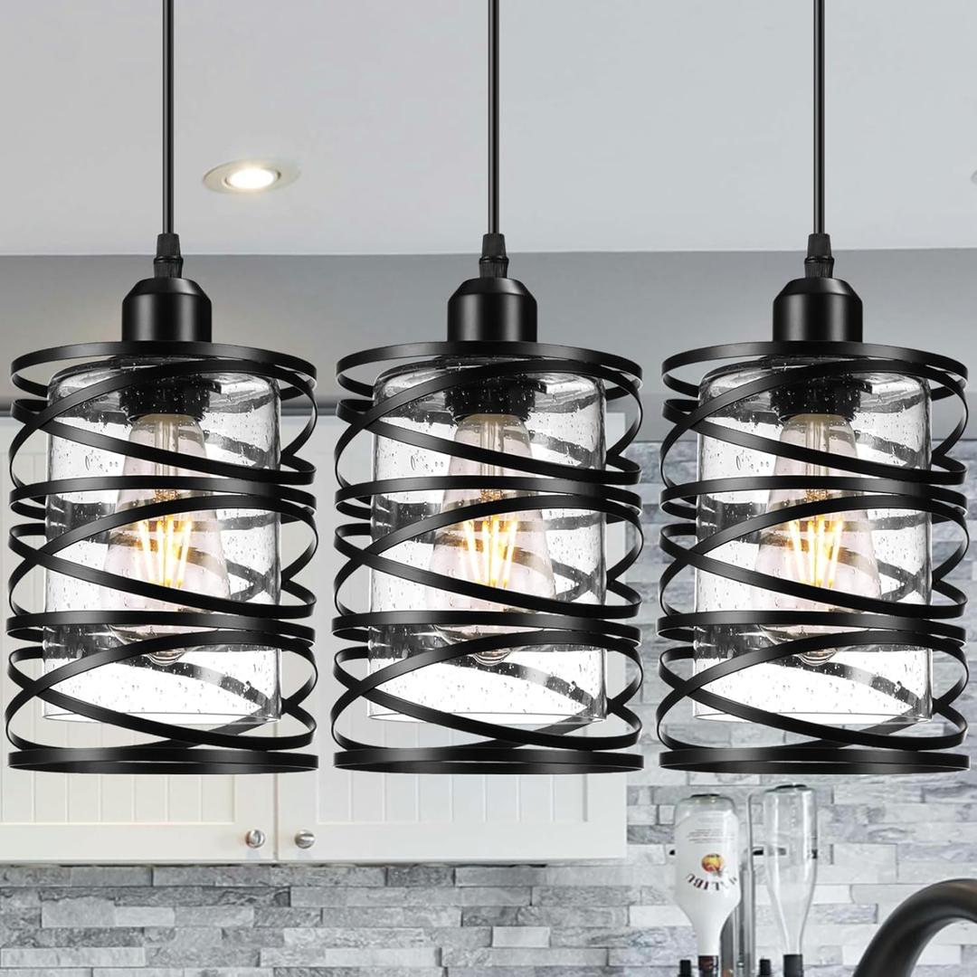 3 PACK Black Pendant Lights Kitchen Island, Small Kitchen Pendant Lighting Over Island, Modern Seeded Glass Hanging Light Fixtures, Single Ceiling Light for Kitchen, Dining Room, Bedroom, Foyer