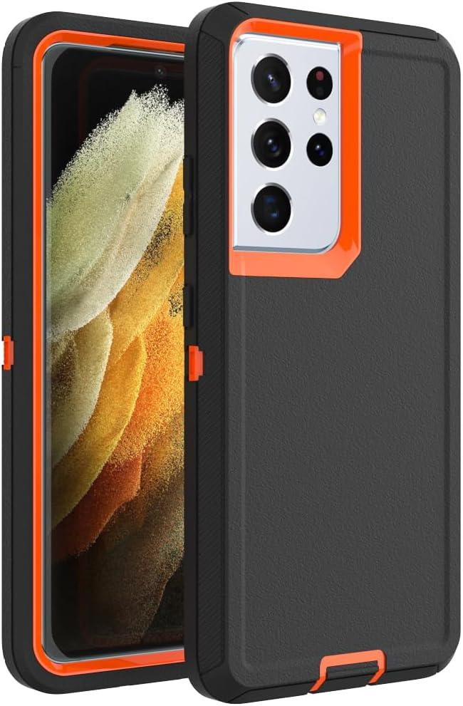 Case for Galaxy S21 Ultra, Heavy-Duty Tough Rugged Shockproof Drop Protective Cover Cases for Samsung Galaxy S21 Ultra, Black+Orange