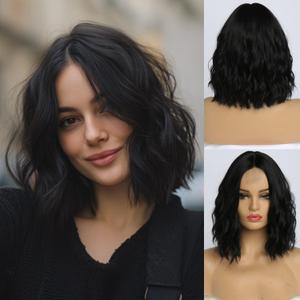 simkaylee Short Black Wavy Wig for Women 14 Inch Shoulder Length Middle Part Curly Bob Wig Natural Looking Synthetic Heat Resistant Fiber Wig for Daily Party Cosplay Use (14 Inch)