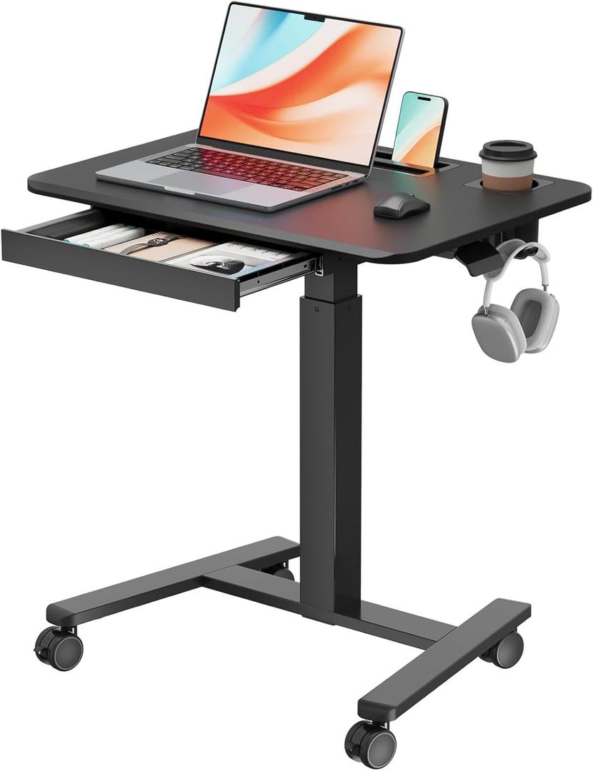 Mobile Standing Desk with Drawer, 28" Rolling Desk with Cup Holder and Hooks, Portable Laptop Workstation on Wheels, Height Adjustable Cart with Storage for Home Office, Black Mobile Standing Desk with Drawer, 28" Rolling Desk with Cup Holder and Hooks, Portable Laptop Workstation on Wheels, Height Adjustable Cart with Storage for Home Office, Black