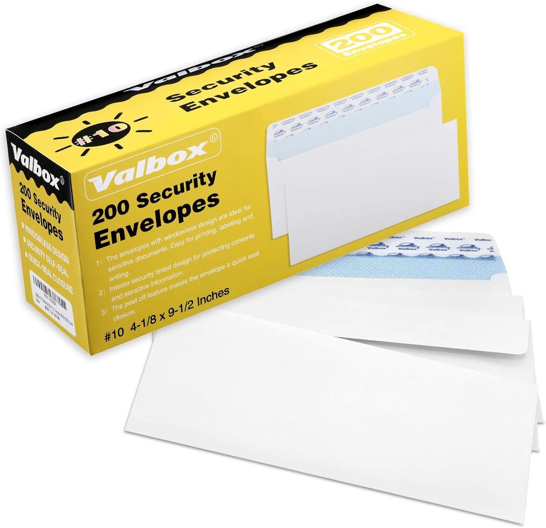 ValBox #10 Security Envelopes Self Seal, No. 10 Windowless Security Tint Pattern, Secure Mailing Envelopes, 4-1/8x9-1/2 Inches, 24 LB White Business Envelopes, 200 Count