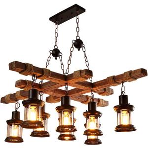 8 Lights Retro Wood Chandelier Iron Ceiling Lamp Industrial Rustic Pendant Light Glass Lampshade for Pool Table Kitchen Island Bar Retro Ceiling Light Height Adjustable Fixture