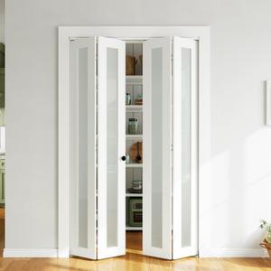 SMARTSTANDARD Bifold Door, 48'' (Double 24") x 80" Tempered Frosted Glass Bifold Closet Door, Interior Folding Door with Hardware Track Kits, Easy Assembly, MDF, White