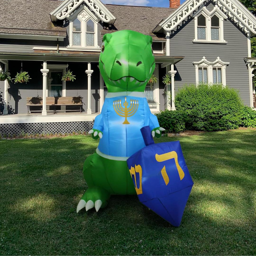 Dinokkah 6 FT Hanukkah Dinosaur Inflatable with LED Lights  Festive Hanukkah Inflatables Outdoor and Indoor Decorations, Blow up Hanukkahs Decorations with Dreidel, Menorah, and Yarmulke