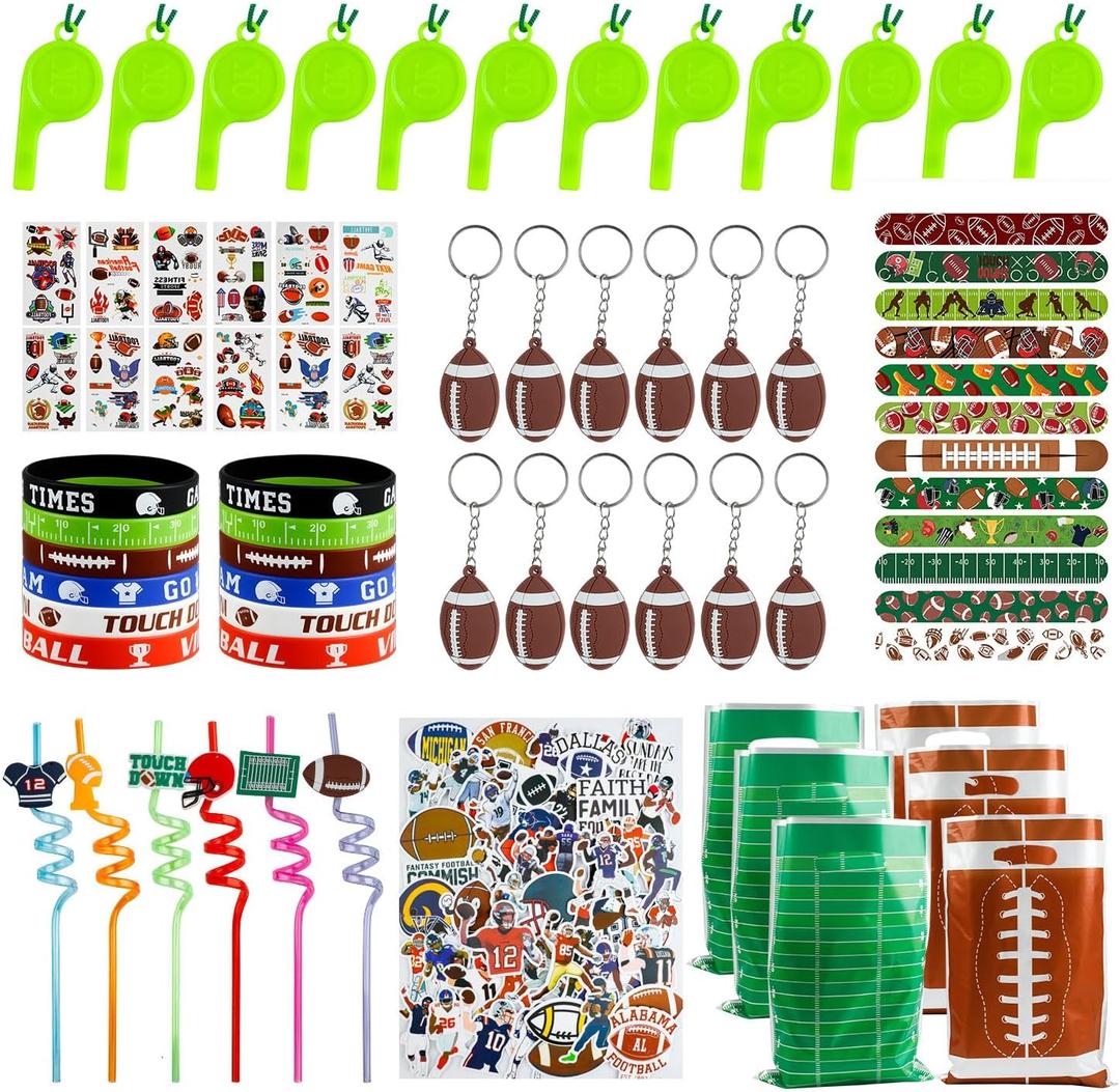 142Pcs Football Party Supplies Serves 12 People,Football Themed Party Favors with Whistles, Slap Bracelet, Tattoo Stickers, Silicone Bracelet, Keychains, Plastic Straws, Gift Bags