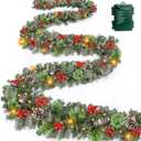 Super Long & Timer 8 Modes - 18 Ft by 10 Inch Prelit Outdoor Christmas Garland for Stair Porch Front Door Mantle, Battery Operated 100 Warm Lights Thick 460 Branch 15 Pinecone 165 Berry Cedar Garland