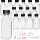 15 Pack Glass Clear Boston Bottles with Black Poly Cone Cap, 2 oz Round Glass Bottle for Essential Oil, Perfume and Liquid, Contains 24 Colored Labels, 2 Funnels, 1 Brush (Transparent)
