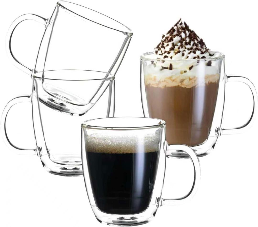 Double Wall Insulated Glass Coffee Mugs set of 4-13 oz Clear Hand Blown Glass Coffee Cups with Handle for Cappuccino, Latte,Espresso,Tea Bags,Americano,Beverages, Gifts for Christmas