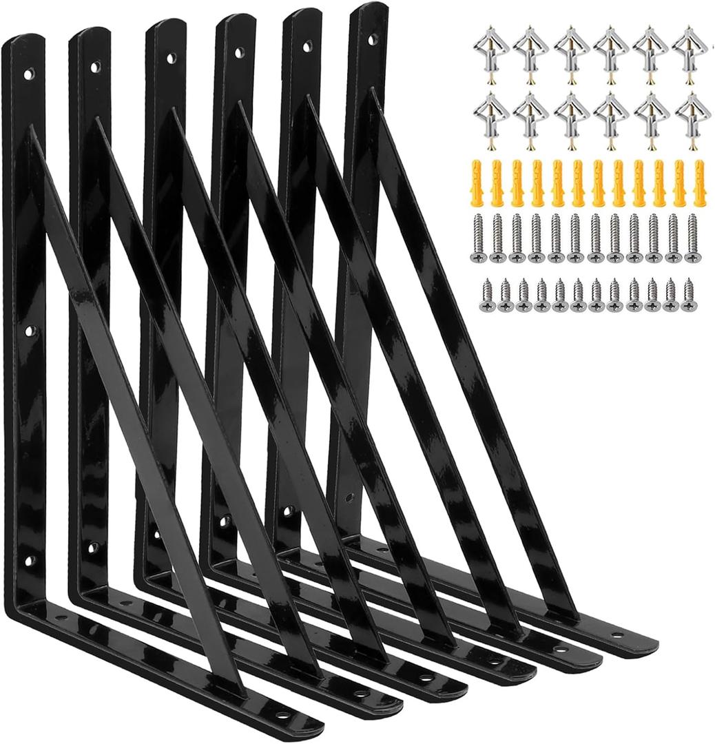 Heavy Duty Shelf Brackets 12 x 8 inch, 6 Pack Wall Shelf Brackets with 90 Degree Triangle, Black Metal L Brackets, Shelves L Brackets(300x190mm)