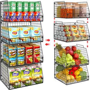 4 Pack XXL Stackable Wire Storage Basket, Extra Large Capacity Pantry Organizer and Storage, Muti-Purpose for Vegetable Fruit Basket & Can Organizer & Snack Rack & Metal Pantry Bin