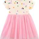 Little Girls Cotton Dresses Flutter Short Sleeve Summer Dress for 2-7 Years Old (3-4T, Tutu-multicolor Dots Pink)