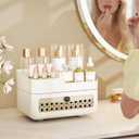 Delamu Makeup Organizer Countertop with Rattan-Style Drawer, Large Capacity Desk Organizer for Makeup, Skincare, Perfume, Multifunctional Bathroom and Vanity Organizer, Ideal for Christmas Gifts